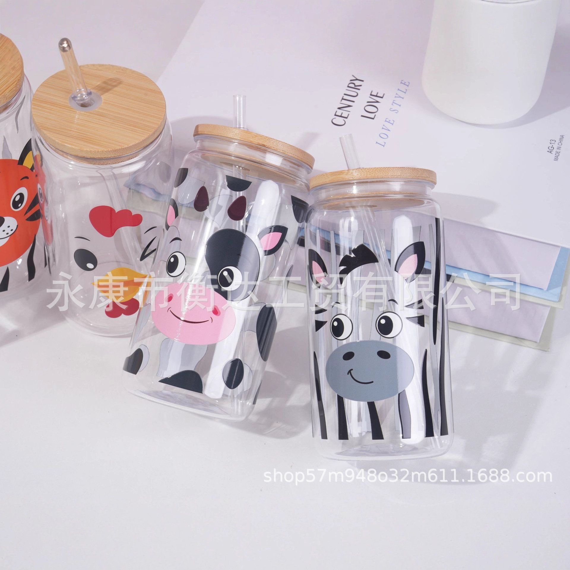 跨境爆款小动物式热转印pc塑料杯16oz塑料梅森杯可重复使用