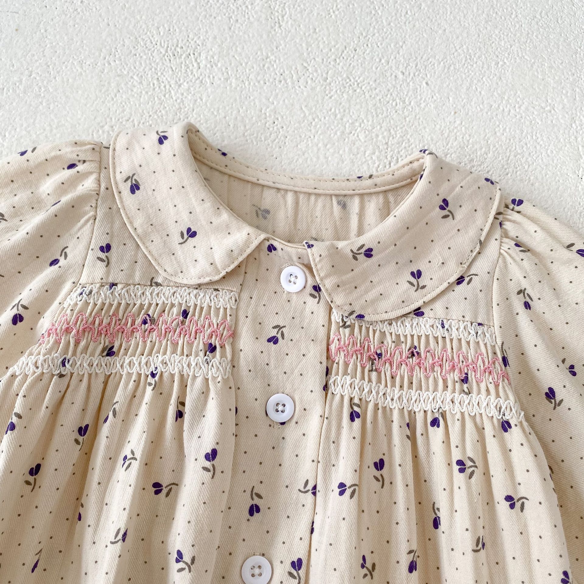 Cotton children's clothing 2024 autumn new item for infants and young girls, long sleeved khaki, wavelet dot flower_voghion.com