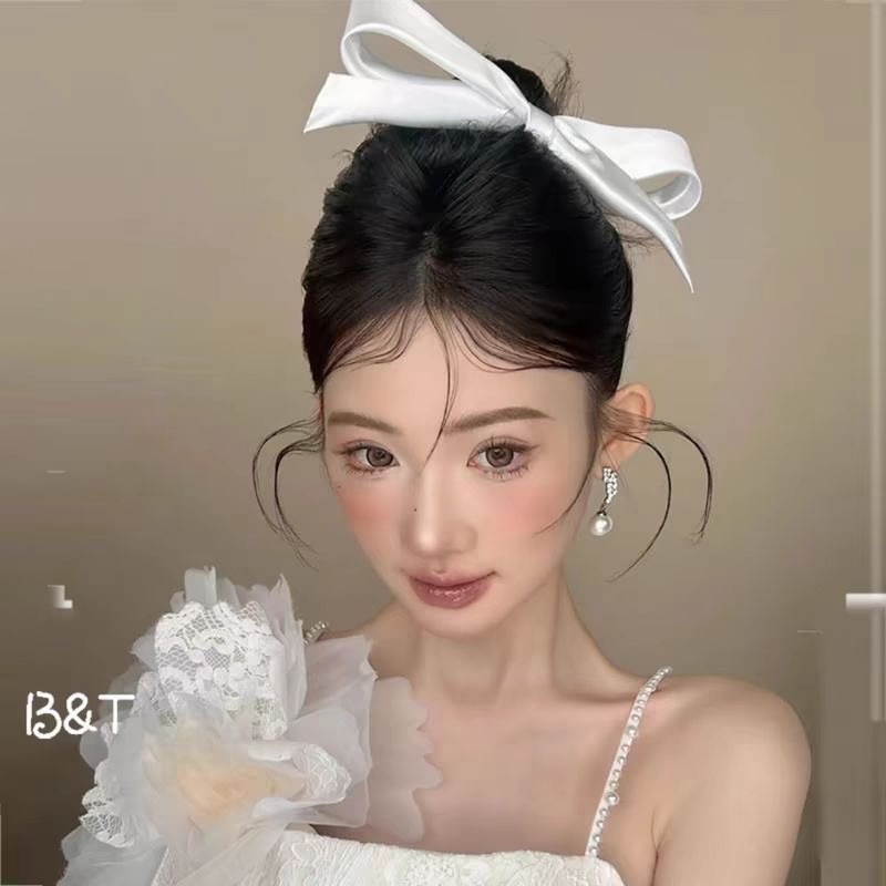 立体白色缎面蝴蝶结发夹发饰新娘结婚礼服头饰简约气质头饰|undefined