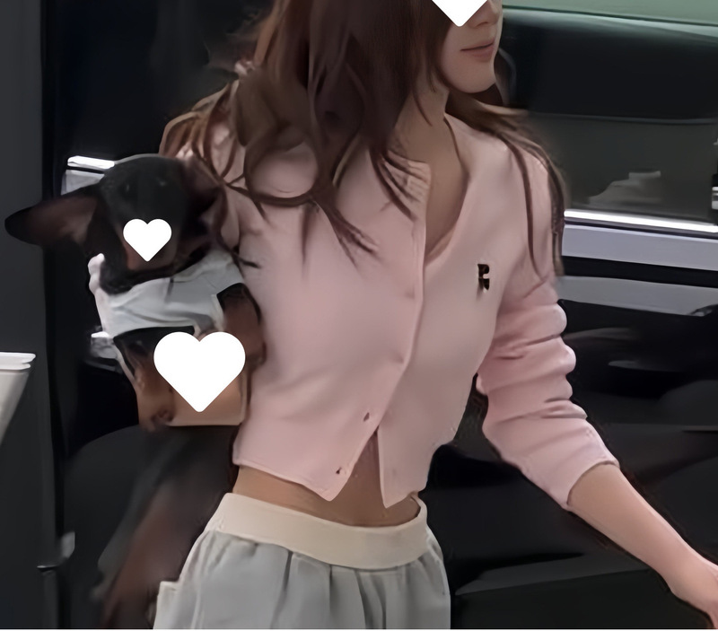 Zhao Lusi Celebrity Style Pink Long-Sleeve Knit Cardigan Top with Gray Lace Patchwork Short Sweatpants