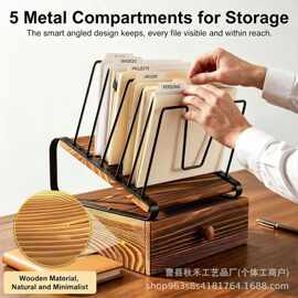 跨境铁木结合办公室文件置物架带抽屉杂物收纳盒家用书籍整理架