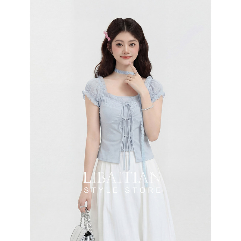 French-Style Retro Square-Neck Short-Sleeve T-Shirt for Women, 2026 New Summer Slim-Fit Short Top with Ribbon Design French-Style Retro Square-Neck Short-Sleeve T-Shirt for Women, 2026 New Summer Slim-Fit Short Top with Ribbon Design