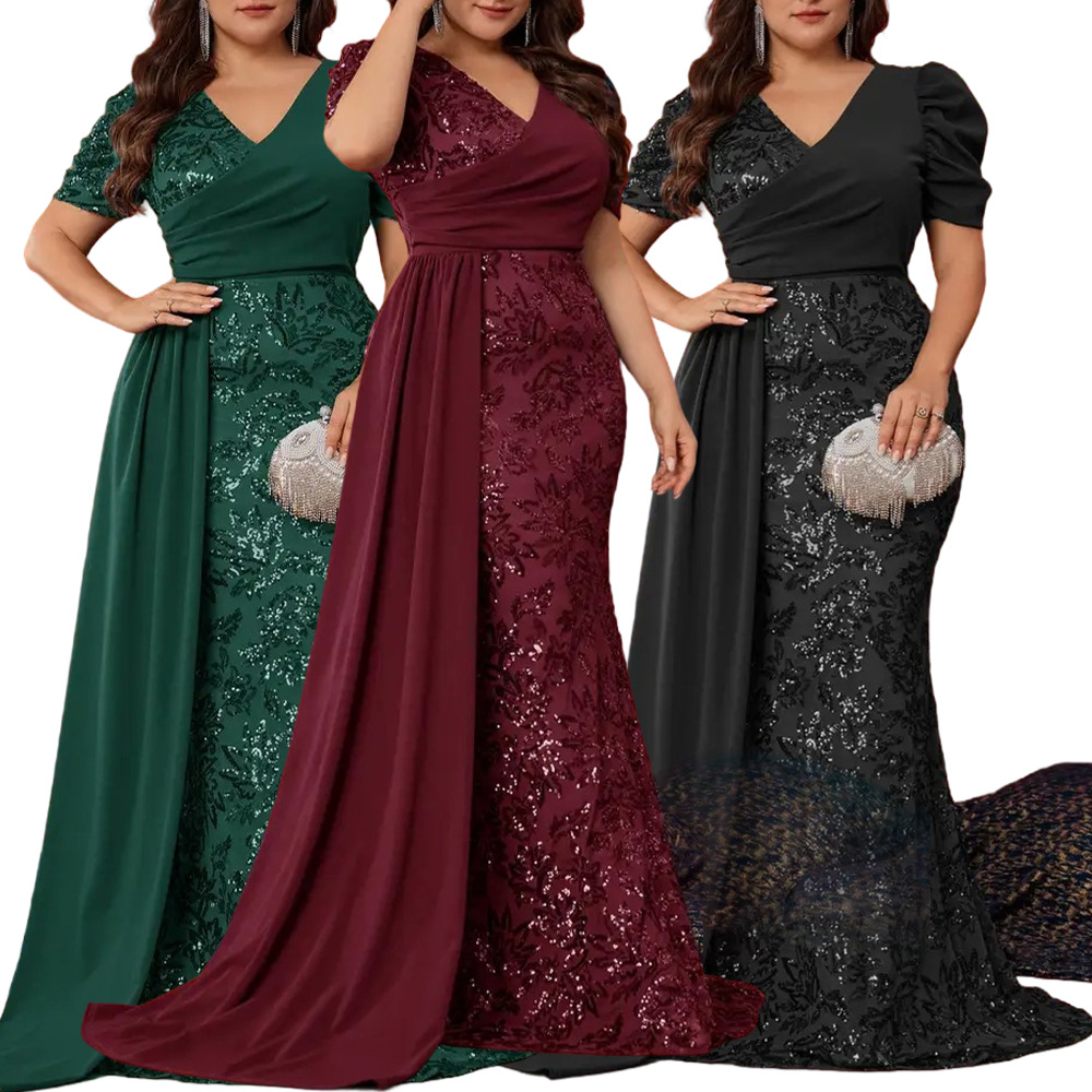 2025 Plus Size Sequin Evening Dress Women's Deep V Puff Sleeve Fishtail Long Dress Banquet Host Dress Customized Wholesale