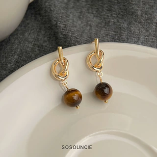 天然石虎眼石美拉德风简约法式中古风时尚高级感绳结耳饰工厂耳环