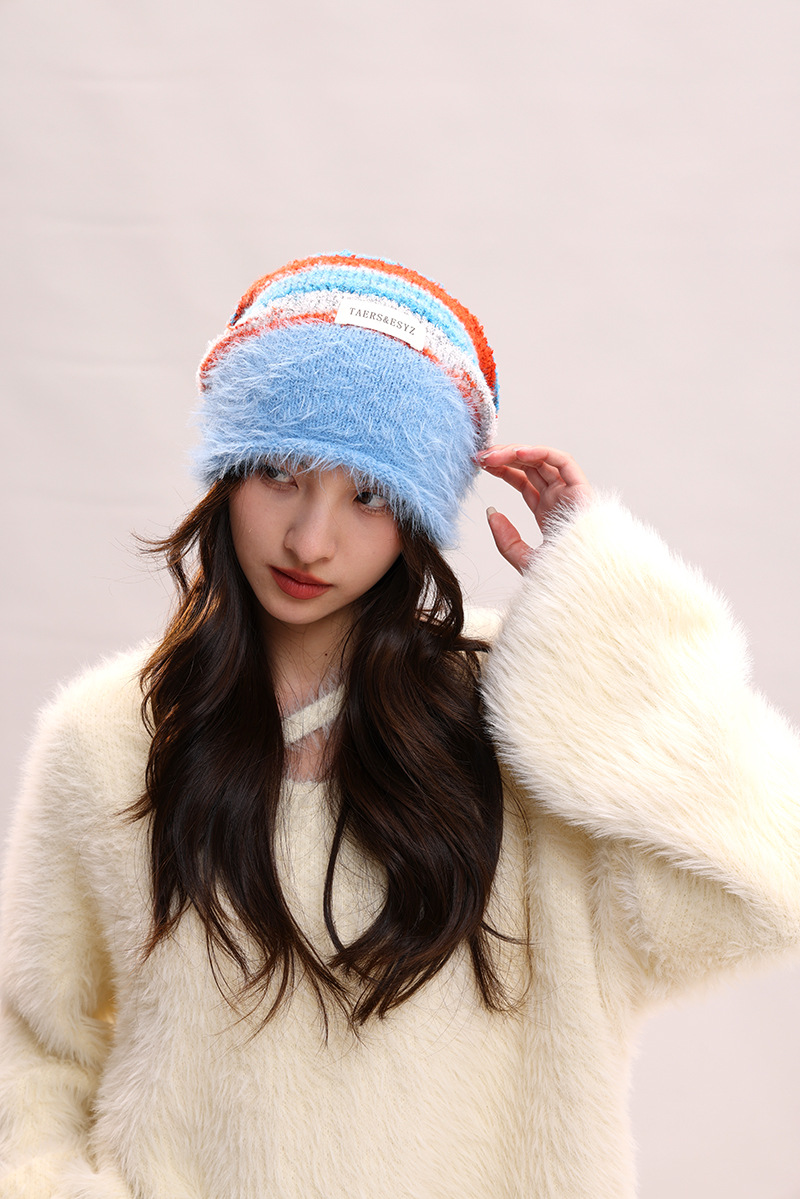 Cappello di lana per bambini, lavorato a maglia, con filato di piume femminili, impilato, che mostra il viso, piccolo calore autunnale e invernale, freddo cappello di lana, maschile_voghion.com