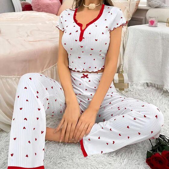 European and American Cross-border Spring and Autumn New Printed Love V-neck Short-sleeved Pajamas Women's Outer Wearing Pants Two-piece Home Clothes