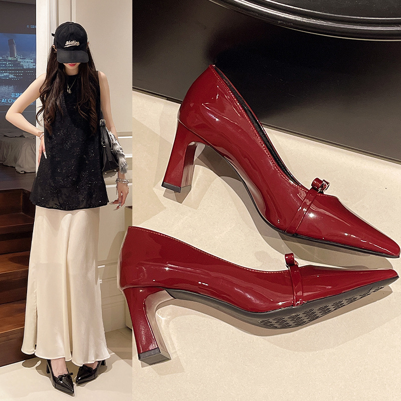 Pointed Toe Shallow Bow 2026 Spring And Autumn New Thick Heel Single Shoes Women's Cross-Border Plus Size French High_vogvips.com