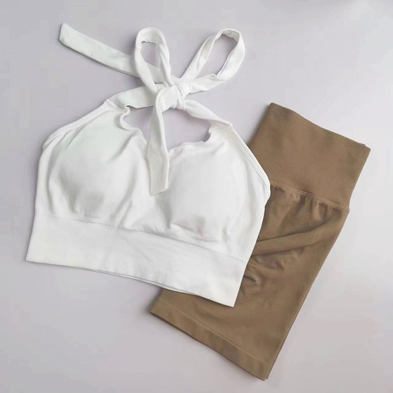 Full Matte Nylon New Halterneck Suit Women's Sports Bra Fitness Bra Running High Waist Nine-Point Yoga Peach Pants