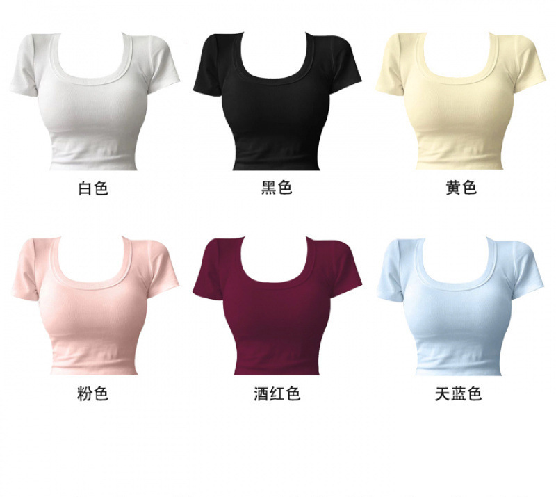Three-Needle 92% Cotton 8% Spandex 220g 40-Count Right Shoulder U-Neck Short Pure Color Waist Slimming Short-Sleeved T-Shirt Women's Light Version Three-Needle 92% Cotton 8% Spandex 220g 40-Count Right Shoulder U-Neck Short Pure Color Waist Slimming Short-Sleeved T-Shirt Women's Light Version