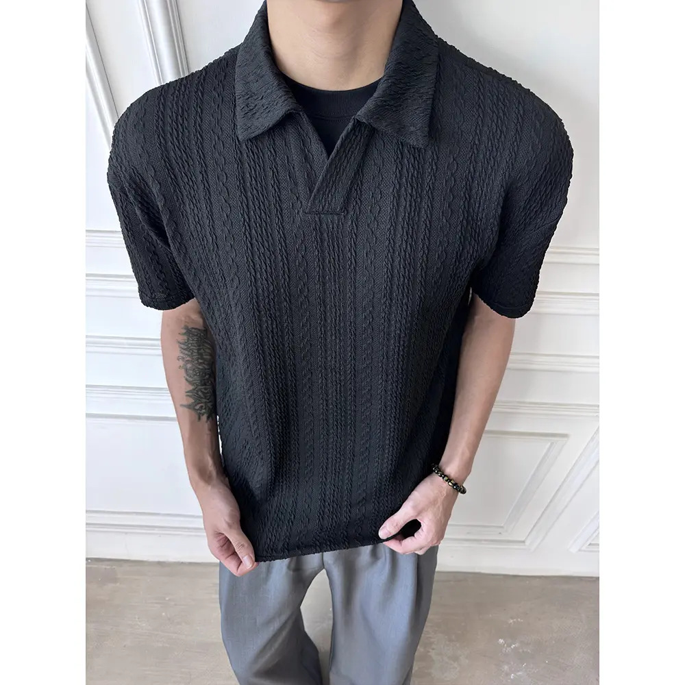 Camiseta Polo de cuello V de manga corta de hombre de cuello de gaviota con solapa de textura de negocios de Gran Bretaña camiseta de seda de hielo de verano comercio exterior transfronterizo al por mayor