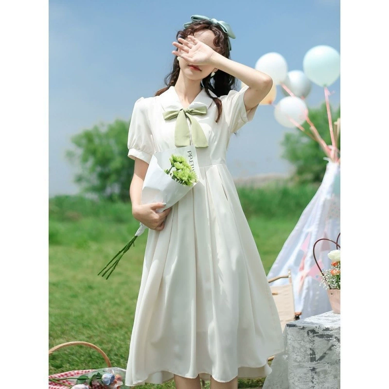 Летнее новое стильное свежее и нежное платье в стиле преппи для студенток с талией и милой юбкой трапециевидной формы «Первая любовь» супер фея