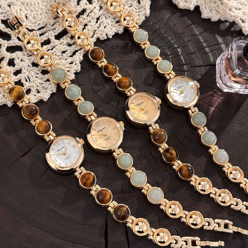 Tiktok Hot-Selling Tiger Eye Stone Maillard Foreign Trade Vintage Light Luxury Beaded Malachite Elegant Women's Watch Turquoise Bracelet