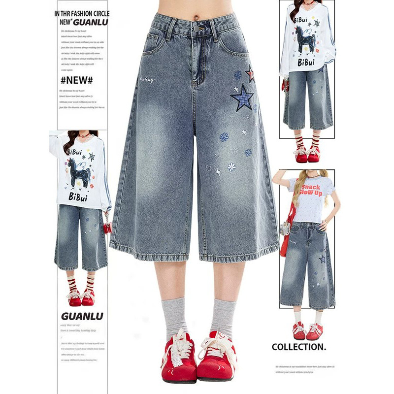 American-Style Star Patchwork Cropped Jeans for Women, Summer Plus-Size New Versatile Loose-Fitting Slimming Wide-Leg Mid-Length Pants American-Style Star Patchwork Cropped Jeans for Women, Summer Plus-Size New Versatile Loose-Fitting Slimming Wide-Leg Mid-Length Pants