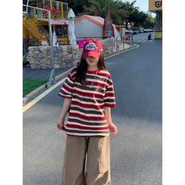 美式小众腊肠狗刺绣短袖T恤女春夏新款撞色条纹百搭宽松休闲上衣