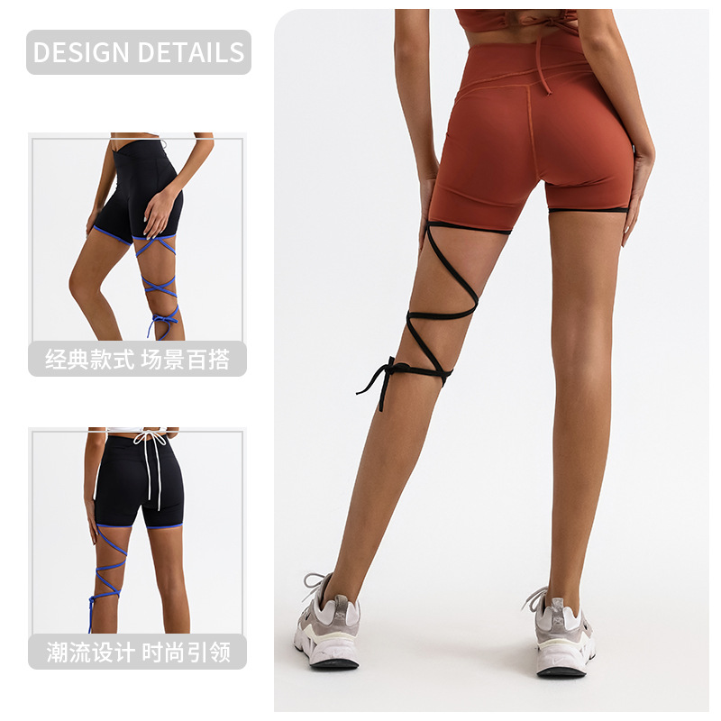 Comercio exterior transfronteriza yoga deportes pantalones cortos de fitness de color a juego con cordones desnudos de alta elástico de secado rápido de entrenamiento de tres puntos calientes