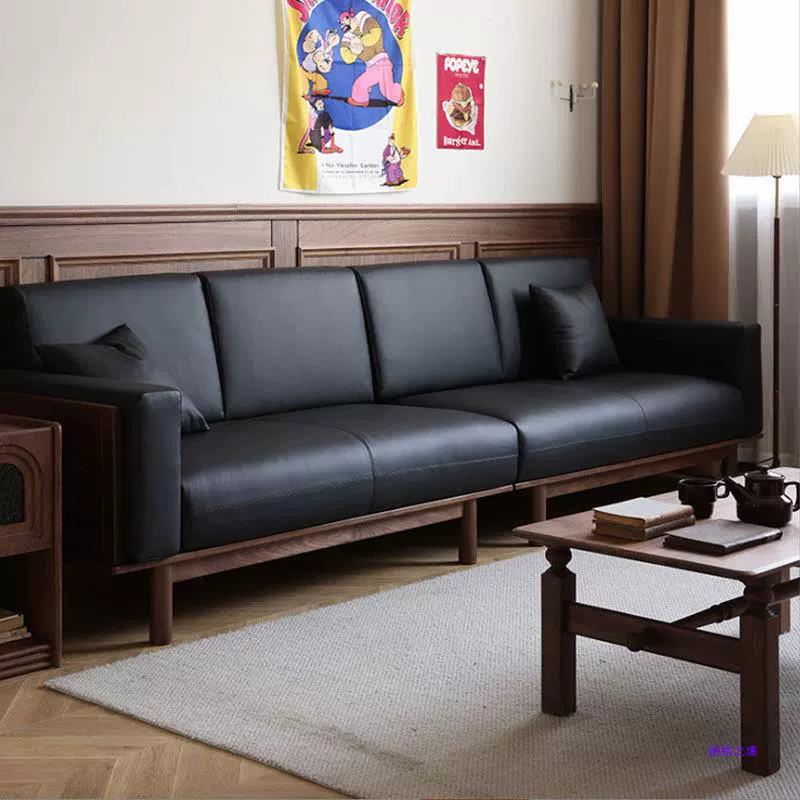 北美黑胡桃木实木沙发现代简约樱桃木原木中古风日式复古直排沙发