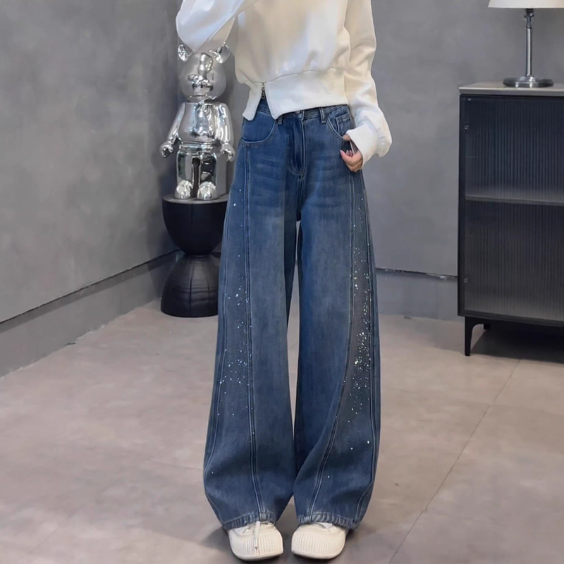 Rhinestone Draped Curved Hem Jeans for Women, 2026 Spring New Style, Plus-Size High-Waisted Slimming Wide-Leg Pants for Petite Figures