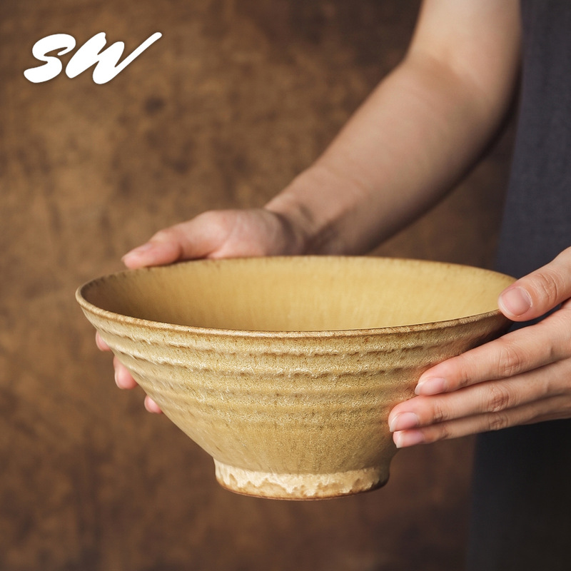 Jingdezhen Japanese-style retro rustic ceramic conical bowl, large-capacity ramen bowl for home use, matte ceramic soup bowl, simple and elegant salad bowl Jingdezhen Japanese-style retro rustic ceramic conical bowl, large-capacity ramen bowl for home use, matte ceramic soup bowl, simple and elegant salad bowl