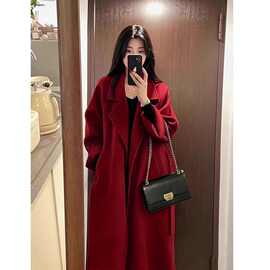 红色毛呢子大衣女秋冬季韩系赫本风高级感长款毛呢外套