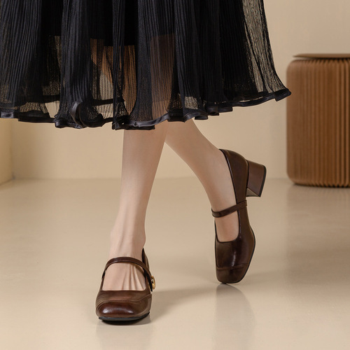 Women's 2024 Spring New Square Heel Flat Mary Jane Shoes, One Strap, Little Black Dress Style, Retro French Single Shoes