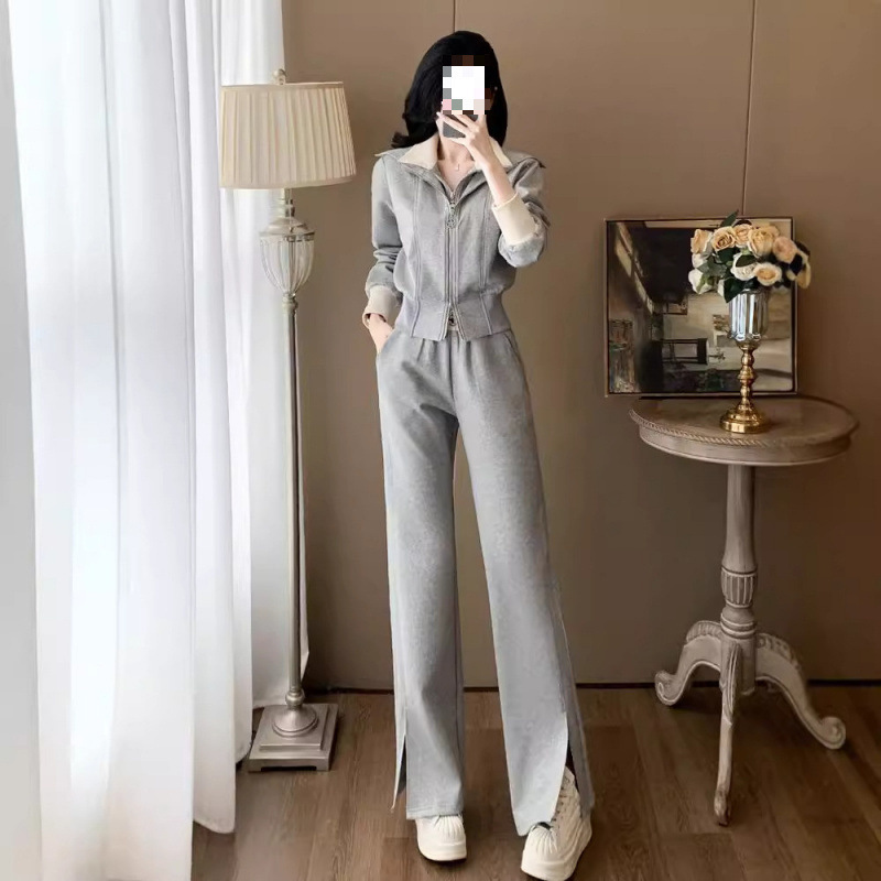 高级感灰色运动套装女秋休闲百搭洋气减龄假两件外套阔脚裤两件套|undefined