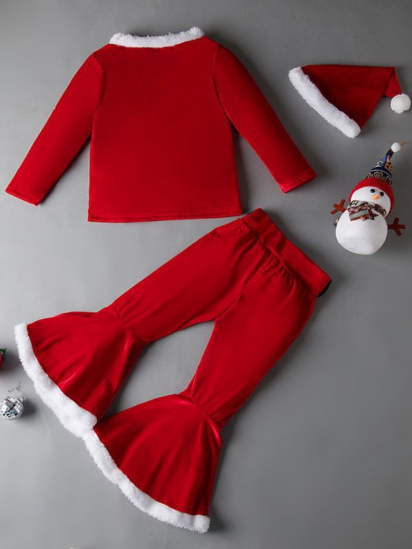 Traje de felpa de Navidad para niños pantalones acampanados europeos y americanos primavera y otoño invierno terciopelo dorado elfo de Navidad ropa conjunto de tres piezas