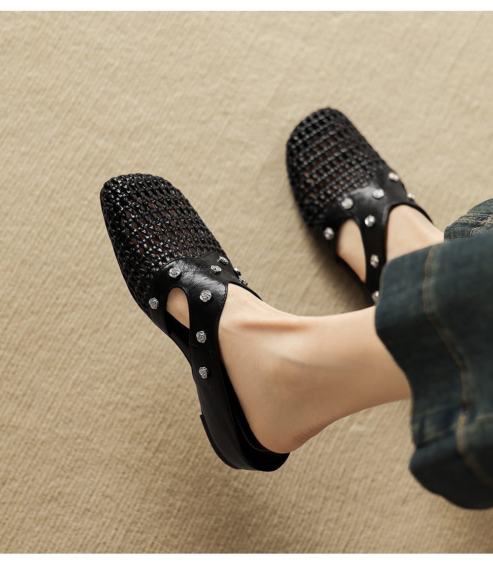 Dép sandal nữ quai chữ V phong cách vintage, mũi kín, đế xuồng thoải mái — đen chi tiết 15