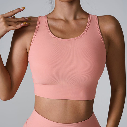 Ins 2024 Spring & Summer European and American Cross-Border Sports Bra with High-Intensity Shock Absorption Yoga Clothes Nudist Ribbed Sports Backless Bra