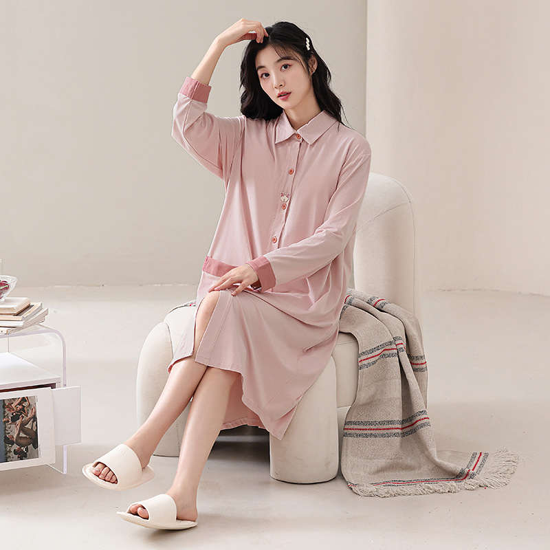 봄 가을 겨울 새로운 시원한 면화 풀 프레임 긴 소매 단색 배달을 기다리고 임산부의 잠옷을 편안한 레저 홈 밖에서 입을 수 있습니다