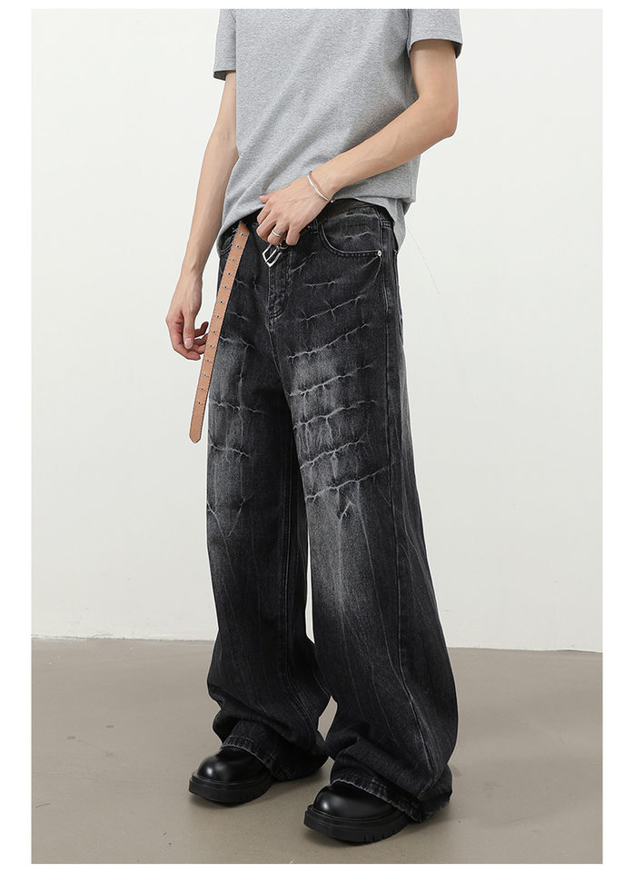 Quần jeans nam dáng rộng ống thẳng họa tiết sét chất liệu washed phong cách đường phố — màu xanh, màu xám đen chi tiết 13