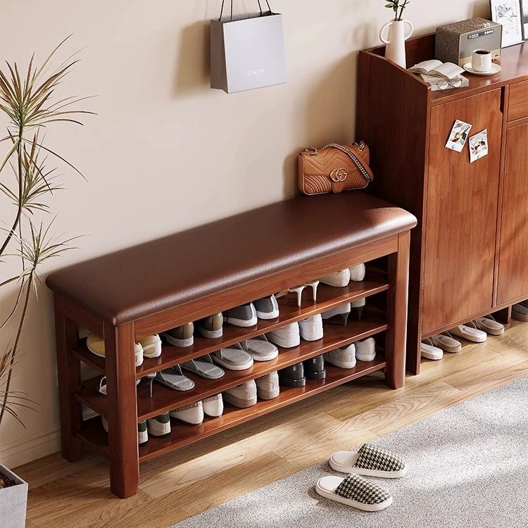 Скамья для замены обуви из цельного дерева Простая многослойная многофункциональная хранения