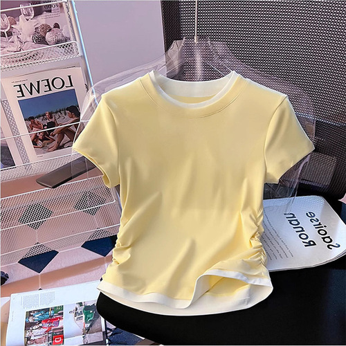 Women's Summer Versatile Korean Style Round Neck Collared T-Shirt with Two-Piece Contrast Color Modal Short Sleeve Top