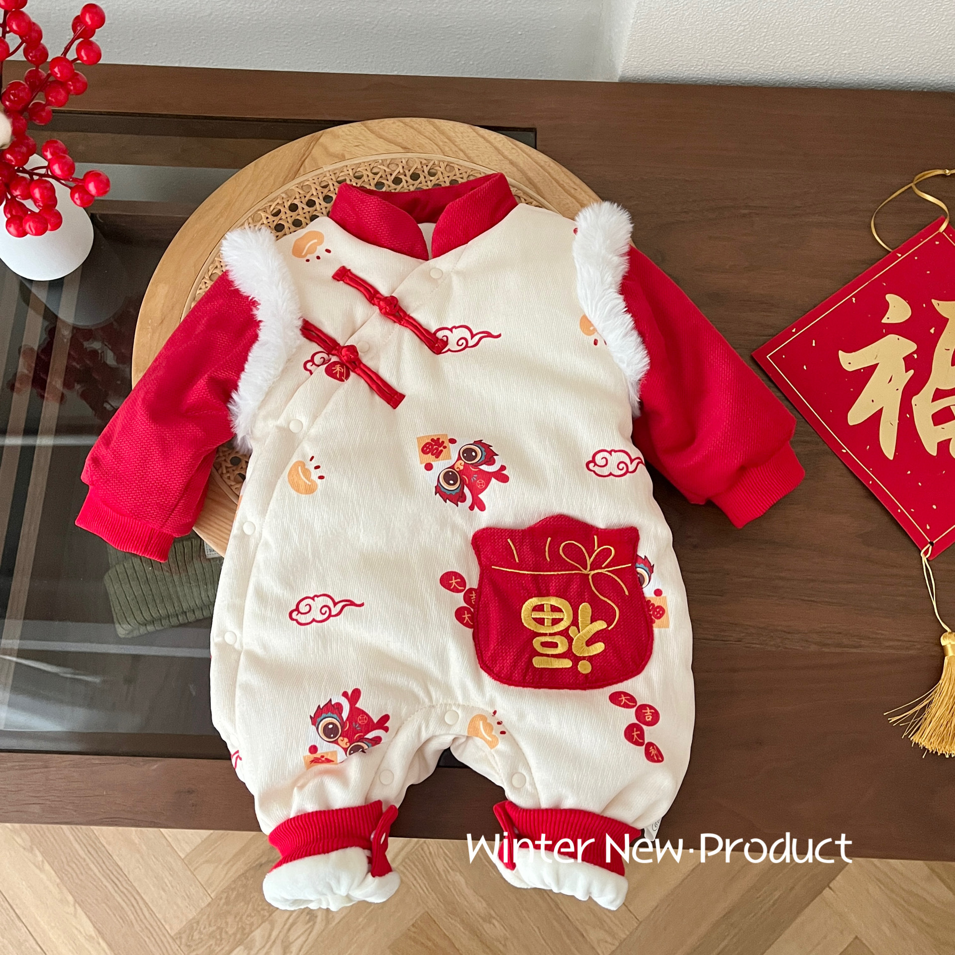baby new year clothes 0-2 years old winter baby boys and girls fleece-lined dragon year thickened jumpsuit baby winter clothes tide al416