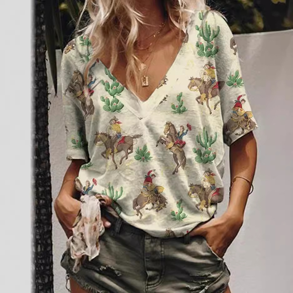 Nueva Venta caliente ropa de mujer europea y americana AliExpress Amazon Impresión digital Western Denim manga corta Camiseta con cuello en V 5260
