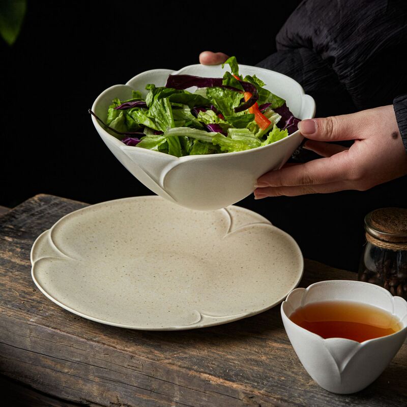 Japanese-style retro stoneware tableware bowl dish suit flower bud ceramic Western plate high-grade hand-made salad plate snack plate