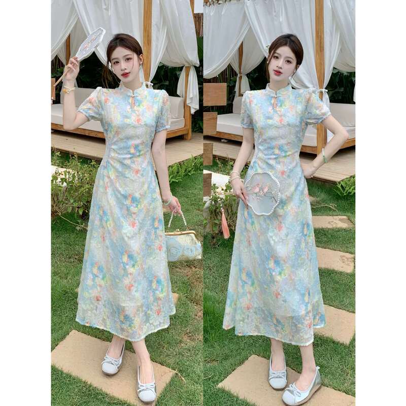 Plus-Size Summer Tea Break New Chinese-Style Improved Cheongsam Floral Dress with Elegant Waist-Cinching and Slimming Effect Plus-Size Summer Tea Break New Chinese-Style Improved Cheongsam Floral Dress with Elegant Waist-Cinching and Slimming Effect