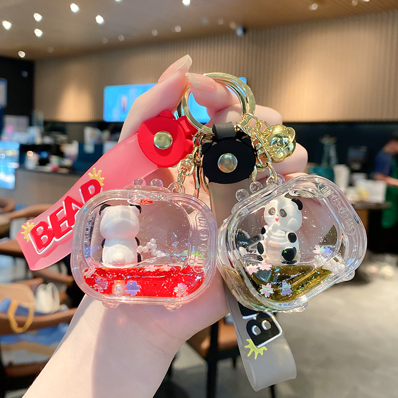 Acrílico en aceite de marea nacional televisión panda botella de arena flotante llavero adorable joyería panda flotante colgante muñeca