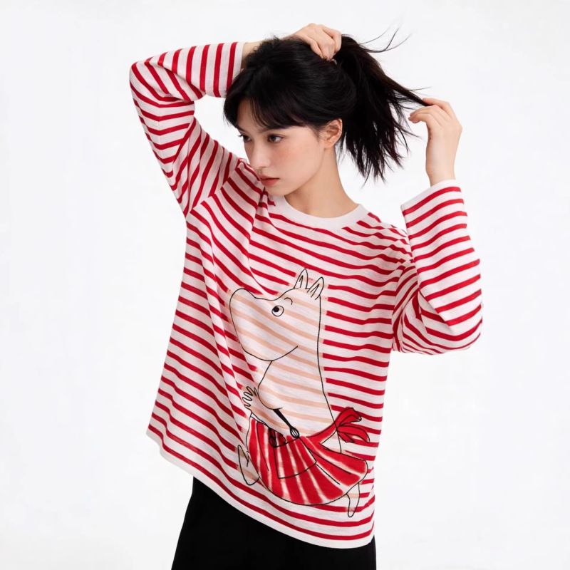 Mo** Mall Same Style 2026 Spring New Casual Loose Cartoon Jacquard Color-Blocking Round Neck Striped Knit Sweater