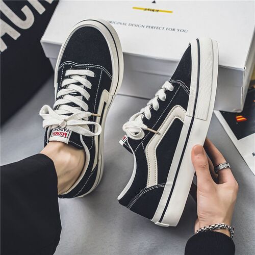 Original niche design canvas shoes for men, black board shoes, large size 46, sports running shoes, trendy, Zhejiang Wenzhou, Korean style, cotton