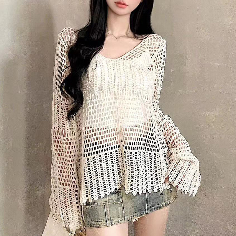 Unique Mesh Hollow-Out Knit Top for Women, New V-Neck Spicy Fishnet Cover-Up with Holes Al123