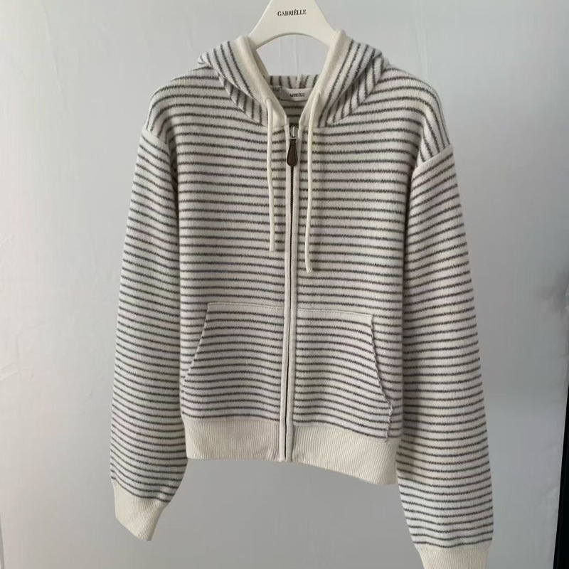 Now Available/Dongdaemun Gabriel*E Same Style Striped Hooded Cardigan Basic Zipper Knit Sweater Jacket