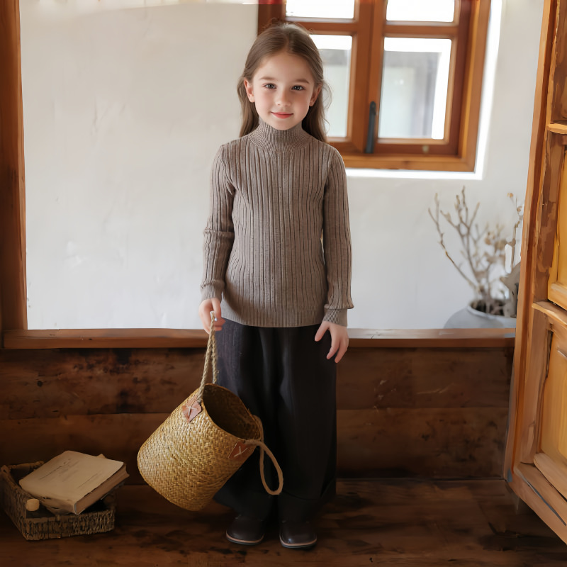 Suéter infantil, camiseta de punto, otoño y invierno, niñas y niños, cuello medio alto, bebé, camiseta de punto de fondo de color sólido, niños y niños