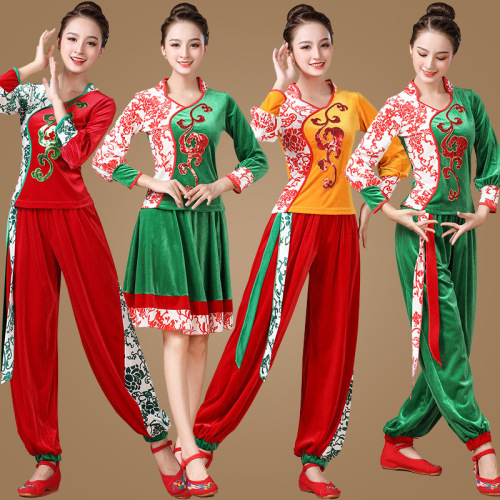 New Square Dance Costume Set Winter Cloud Skirt Gold Velvet Yangge Classical Dance Costume for Middle-Aged and Elderly Performance Wear