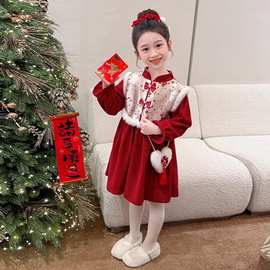 儿童冬季新款国风女童加绒加厚新中式拜年服连衣裙宝宝冬装过年穿