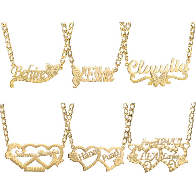 Cross-Border New Personalized Name Necklace for Women, Heart Butterfly Pendant, Stainless Steel DIY English Name Clavicle Chain Cross-Border New Personalized Name Necklace for Women, Heart Butterfly Pendant, Stainless Steel DIY English Name Clavicle Chain