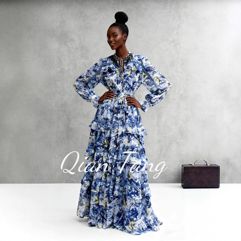 Palace Style Printed Dress for Women Summer Lotus Leaf Sleeves Strapped Waist Stitching Niche Design Retro Mid-Length Skirt Palace Style Printed Dress for Women Summer Lotus Leaf Sleeves Strapped Waist Stitching Niche Design Retro Mid-Length Skirt