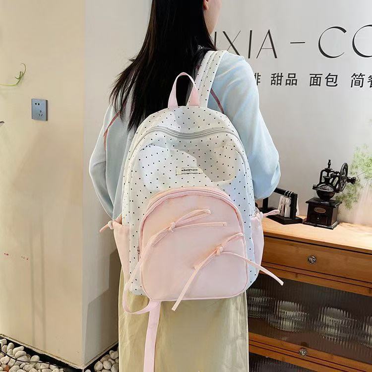 Japanese Cute Sweet Backpack for Women, College Style 2025 New Large Capacity Versatile Bow Polka Dot Backpack