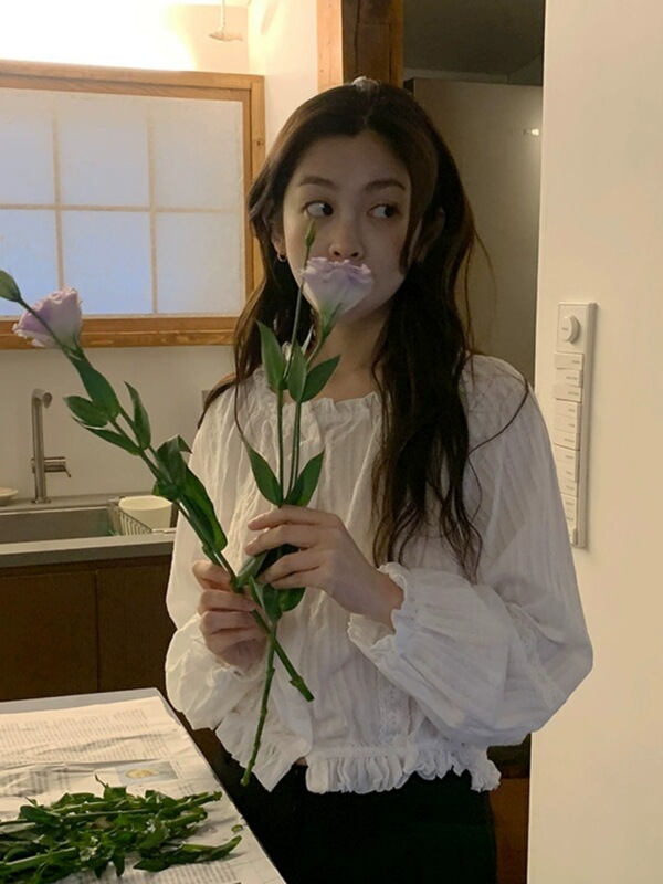 法式小众短款衬衣ins上衣女长袖减龄宽松皱褶娃娃衫早春外套衬衫|undefined