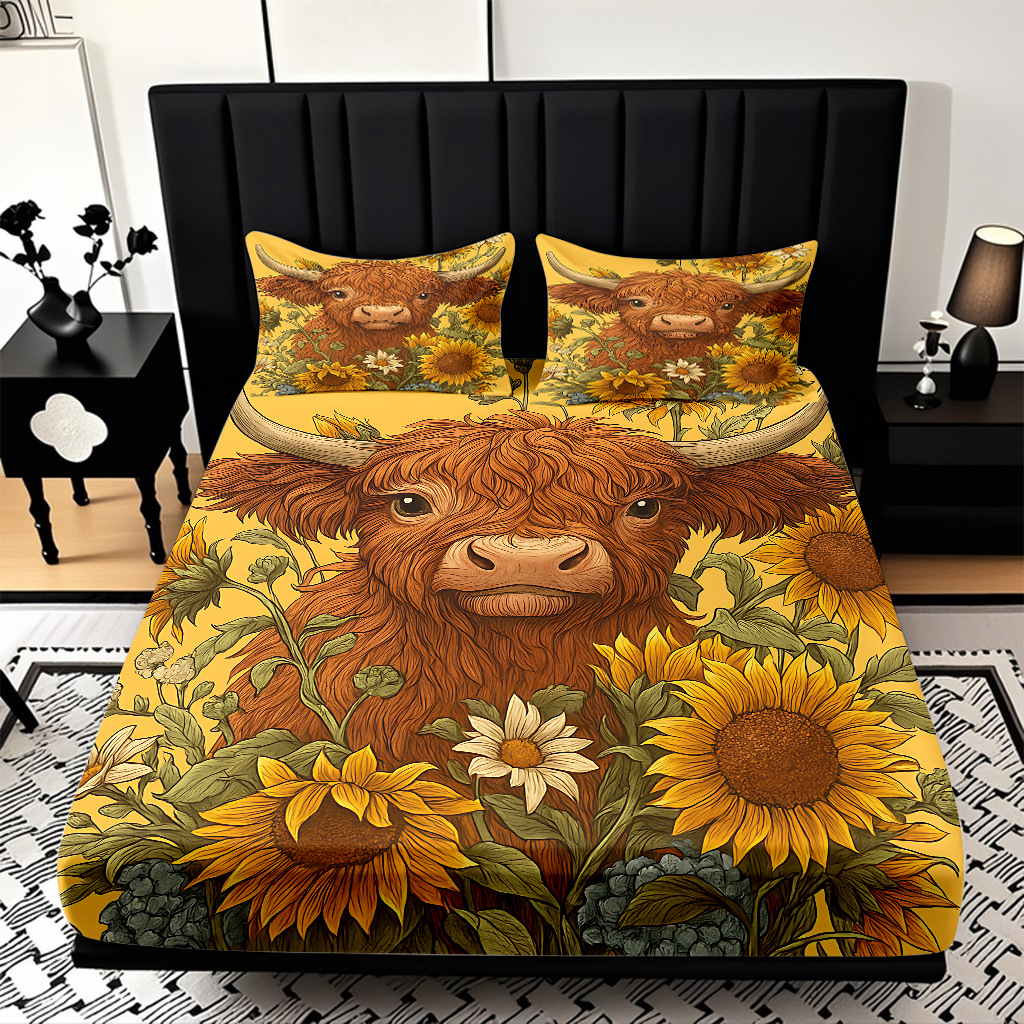 Comercio exterior transfronterizo textil doméstico patrón de girasol impresión digital 3D cama de molienda de tres piezas JIT modelo Temu