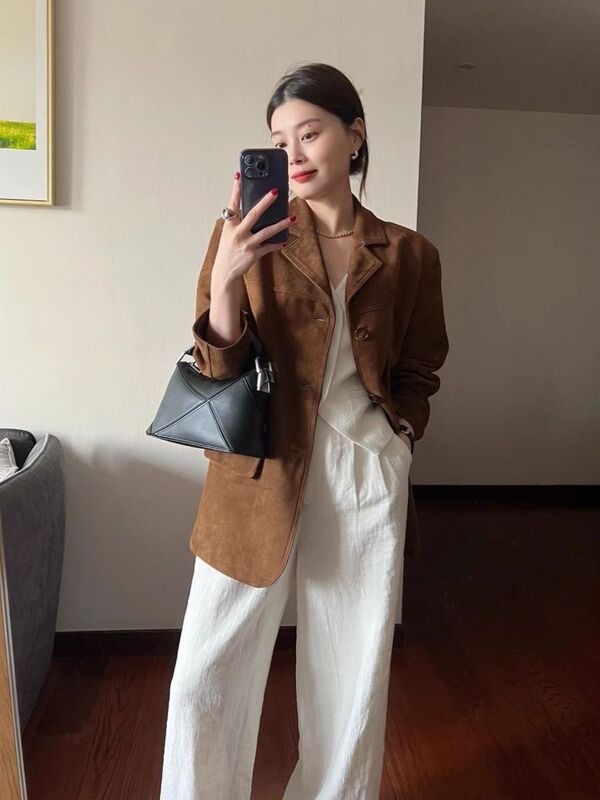 美拉德棕色麂皮绒西装外套女秋季新款高级感气质正肩西服上衣|undefined